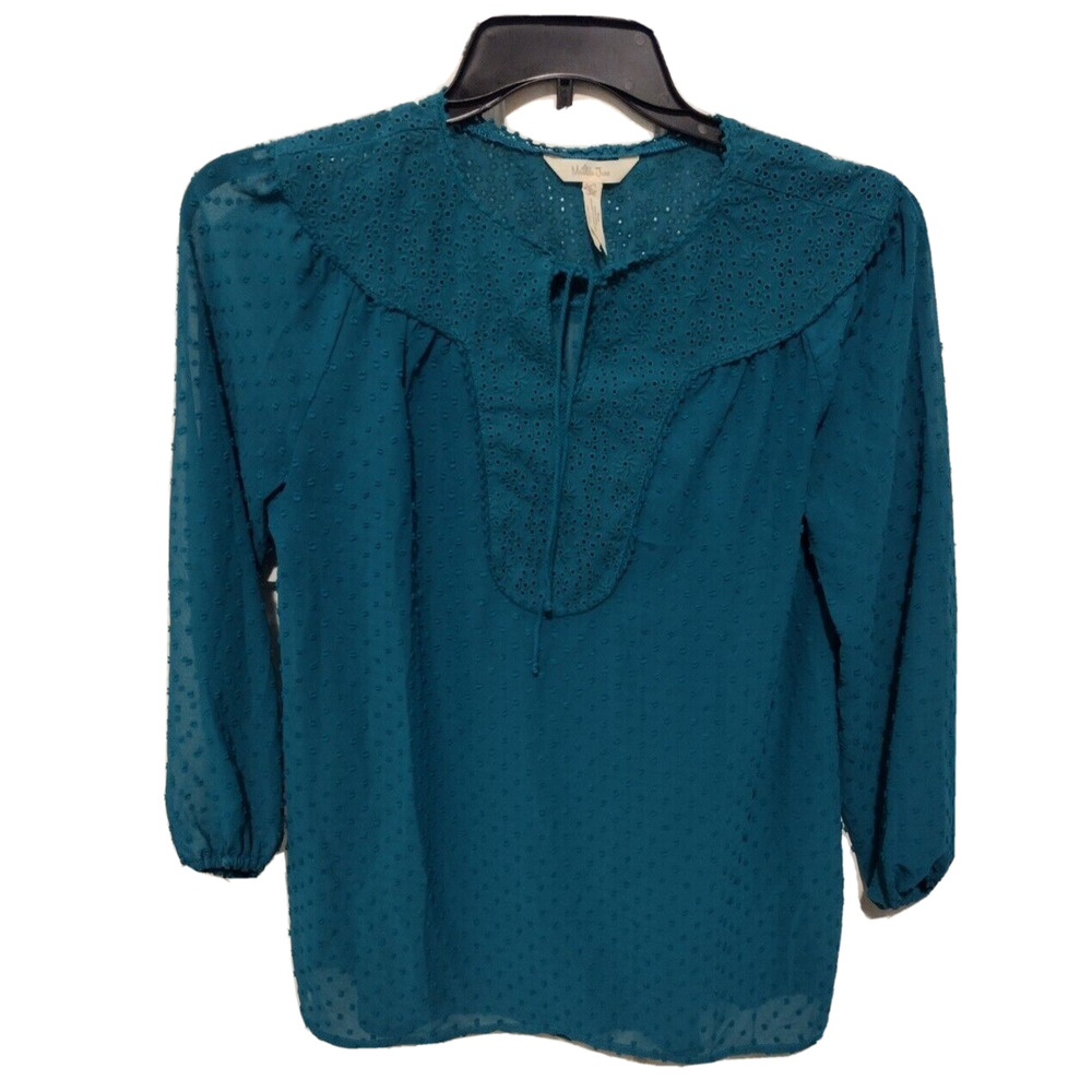 Matilda Jane Teal Blue Charisma Tunic Size Small‎ Sheer Blouse Eyelet Swiss Dot